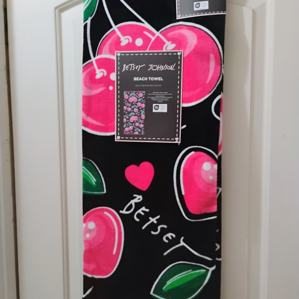 Betsey Johnson Black Beach Towel with Pink Cherry Motif